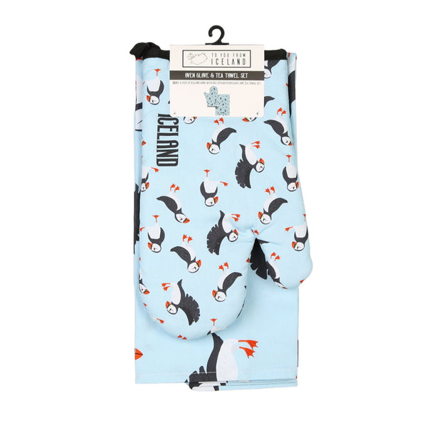 Puffin Blue Tea towel/oven glove set