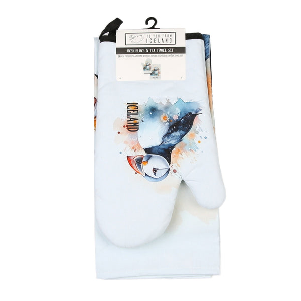 Puffin Watercolor Tea towel/oven glove set
